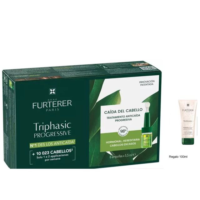 Rene Furterer Triphasic Progressive priemonė nuo plaukų slinkimo 8x5,5 ml + dovanų šampūnas nuo plaukų slinkimo 100 ml